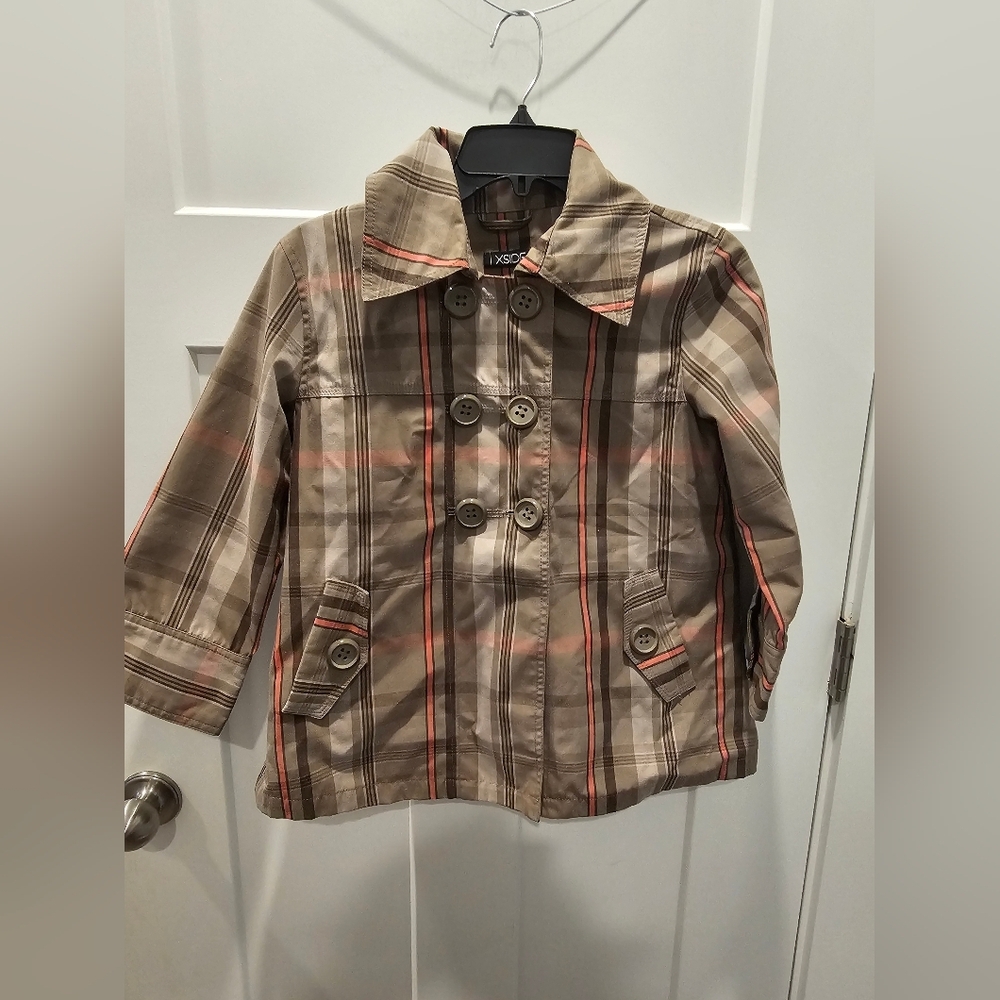XSIDE Women’s Size M Plaid Double-Breasted Jacket – Taupe Brown Coral Check